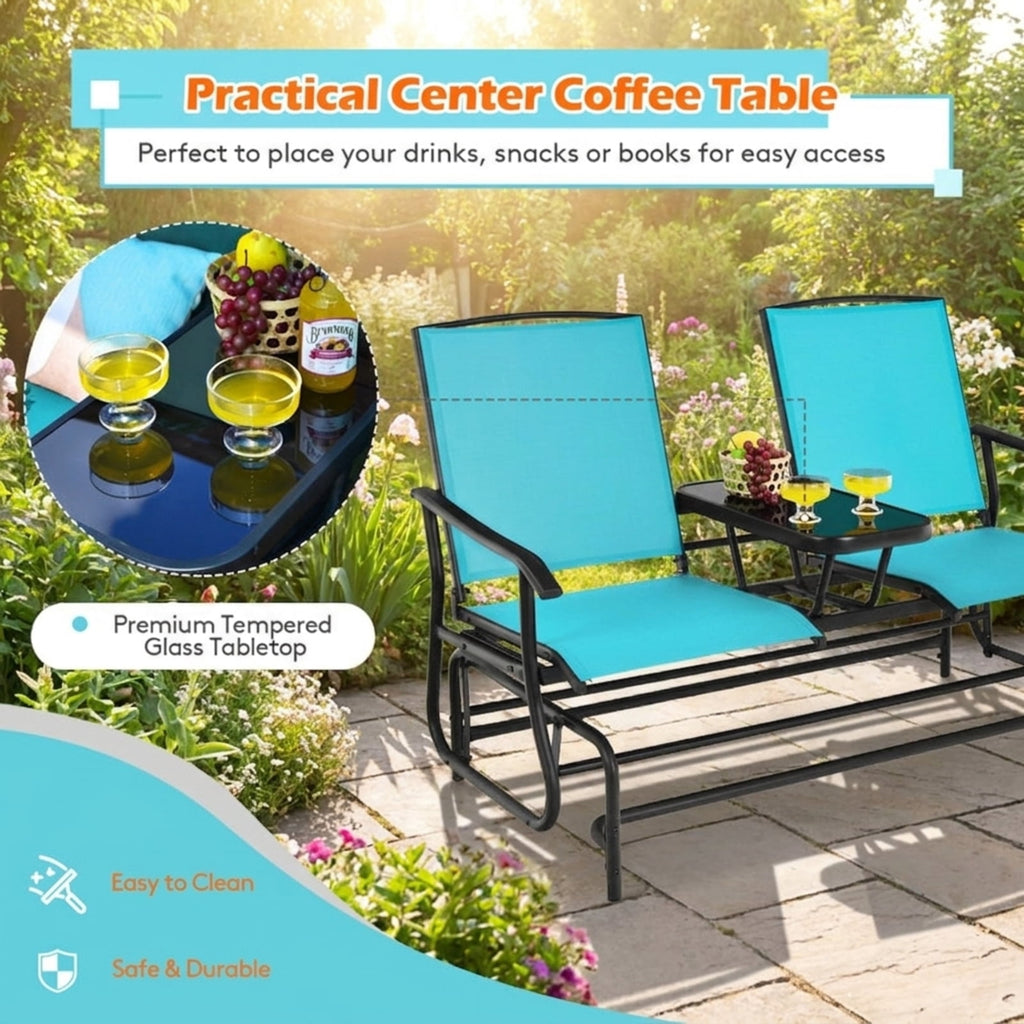 Biotree 2-Person Double Rocking Loveseat with Mesh Fabric and Center Tempered Glass TableTurquoise