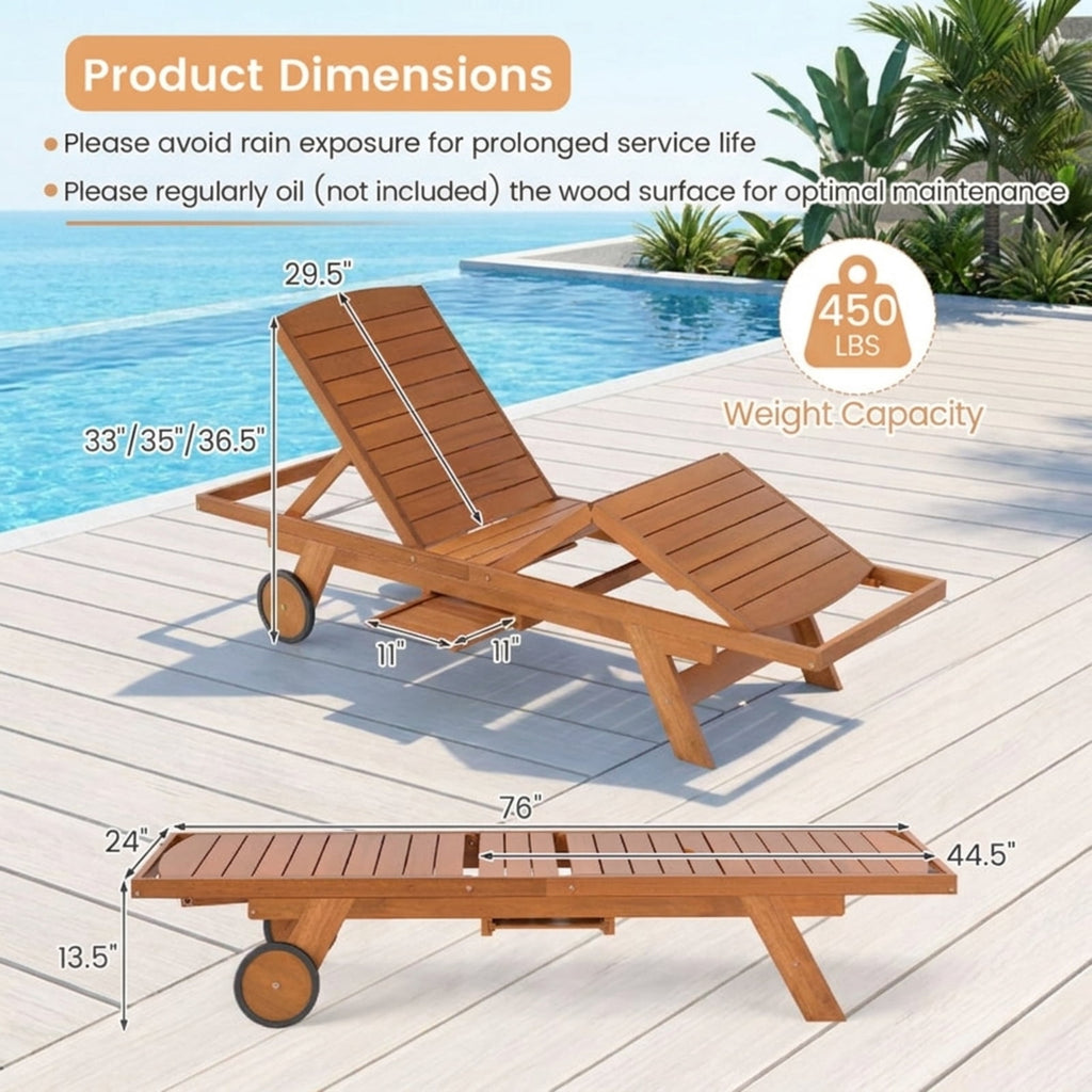 Biotree Outdoor Chaise Lounge Chair with Wheels 4-Position Patio Wood Recliner with Adjustable BackrestNatural