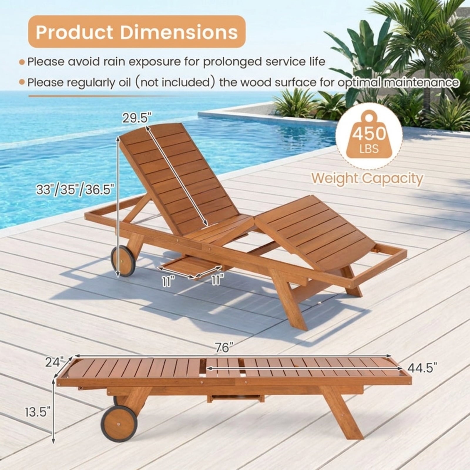 Biotree Outdoor Chaise Lounge Chair with Wheels 4-Position Patio Wood Recliner with Adjustable BackrestNatural