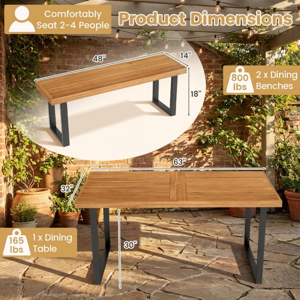 Biotree 3 Pieces Patio Dining Table Set 63¡± Rectangle Table and 2 Backless Bench Outdoor Conversation Set for Garden Backyard PorchNatural+Black