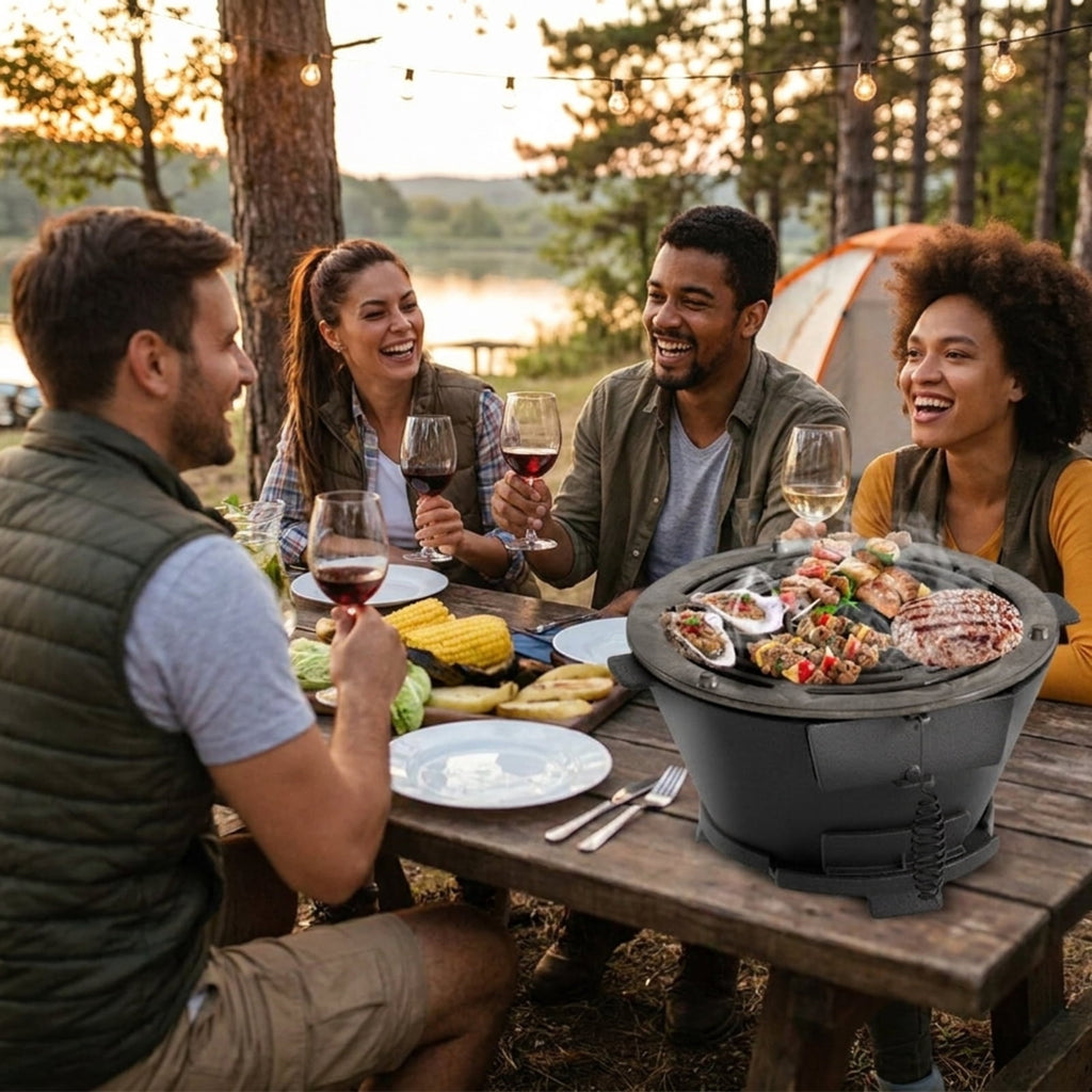 Biotree Round Hibachi Grill Outdoor Portable Charcoal Stove with 12 Inch Double-Sided Grate for Outdoor Backyard Camping Patio BBQ, Black