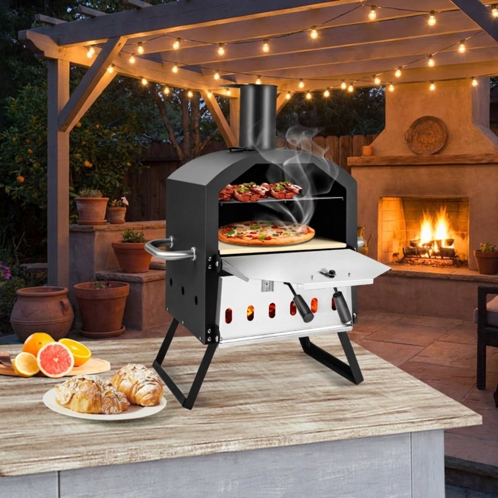 Biotree Outdoor Pizza Oven with Anti-scalding Handles and Foldable Legs for Outdoor Backyard Camping Patio BBQ, Black