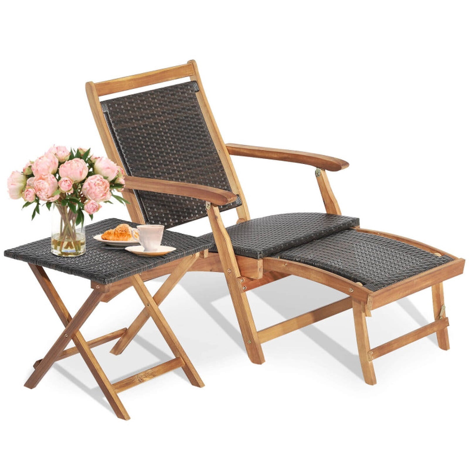 Biotree 2 Pieces Patio Rattan Folding Lounge Chair with Acacia Wood Table Stackable Patio Chair for Garden BackyardMix Brown