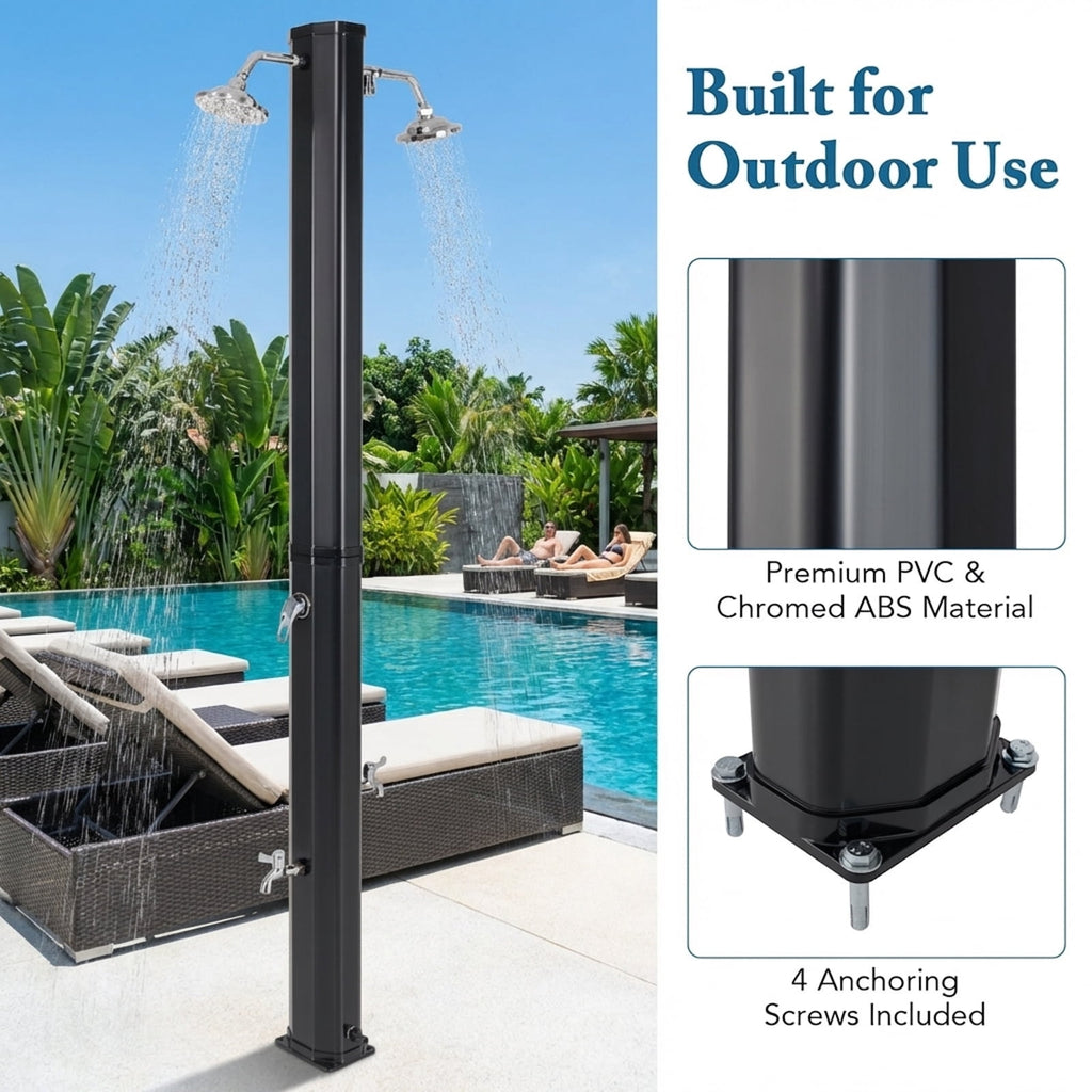 Biotree 9.3 Gallon Solar Heated Outdoor Shower with Dual Shower Heads Portable Camping Shower for Pool Beach Patio, Black