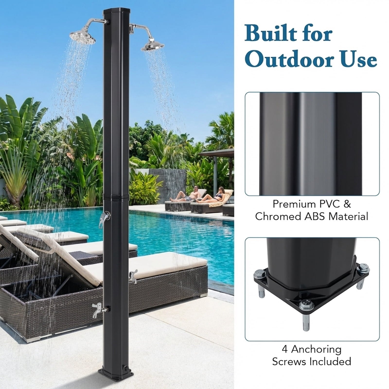 Biotree 9.3 Gallon Solar Heated Outdoor Shower with Dual Shower Heads Portable Camping Shower for Pool Beach Patio, Black
