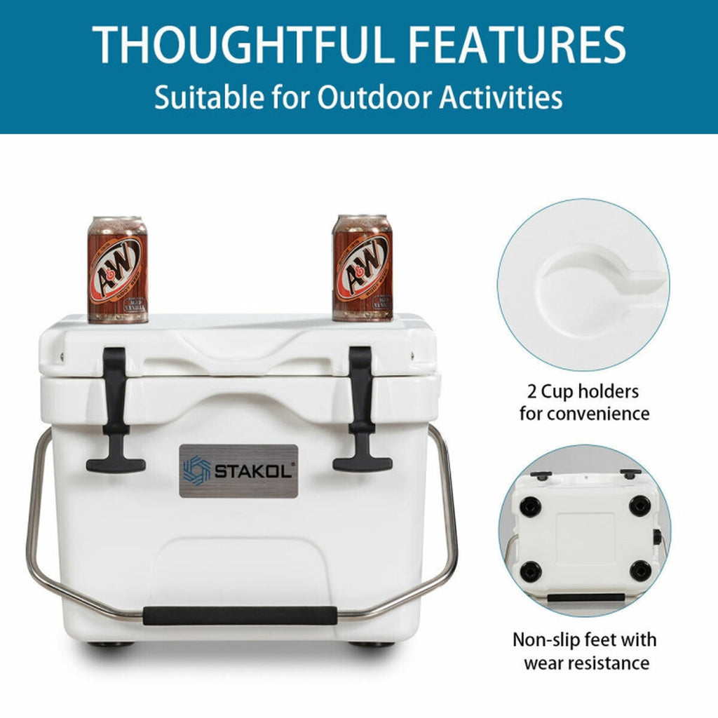 Biotree 16 Quart 24 Can Capacity Portable Insulated Ice Cooler with 2 Cup Holders, White