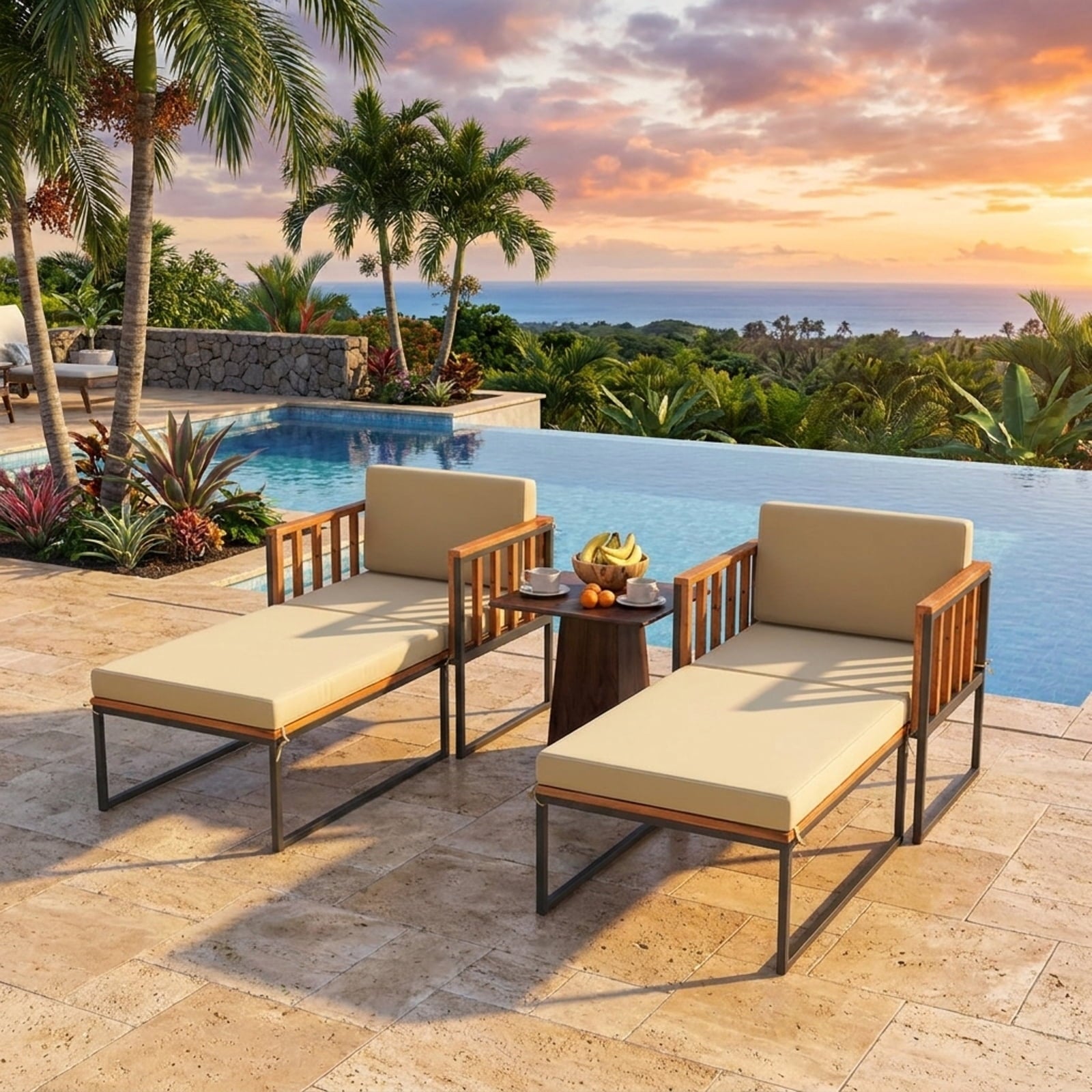Biotree Patio Acacia Wood Armchair with Long Ottoman and Seat Back Cushions Stackable Patio Chair for Garden BackyardBrown