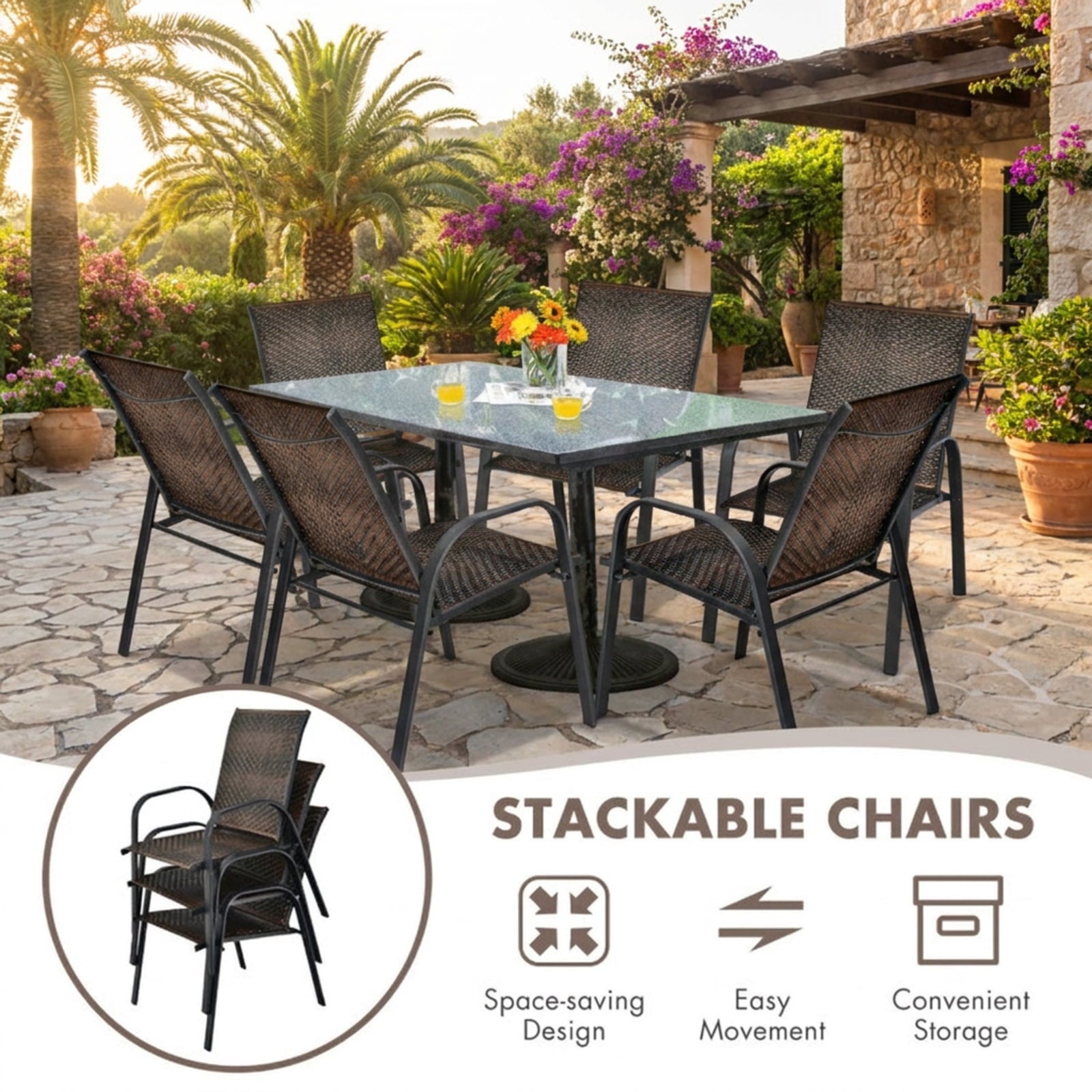Biotree Set of 6 Outdoor PE Wicker Stackable Chairs with Sturdy Steel Frame Stackable Patio Chair for Garden BackyardBrown