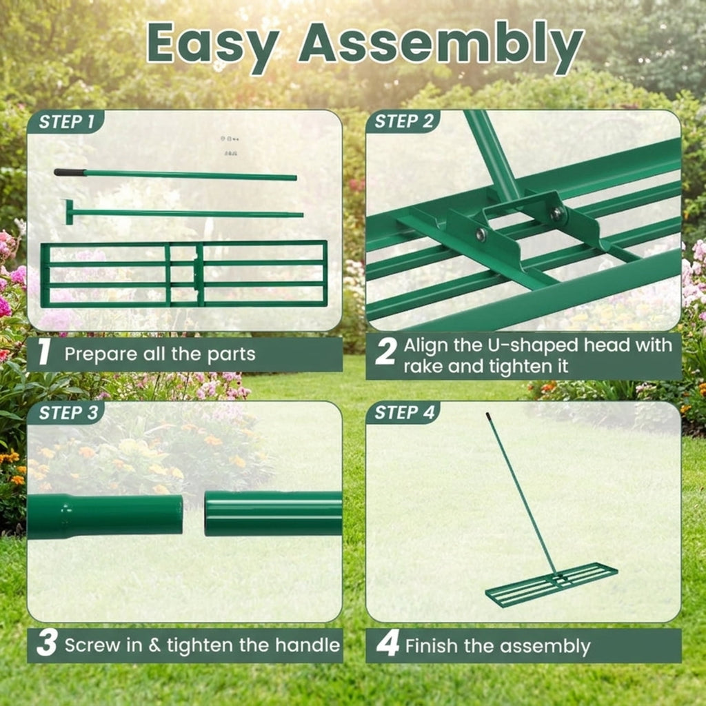 Biotree 42 x 10 Inch Lawn Leveling Rake with Ergonomic Handle for Lawn Garden Yard Soil Care, Green