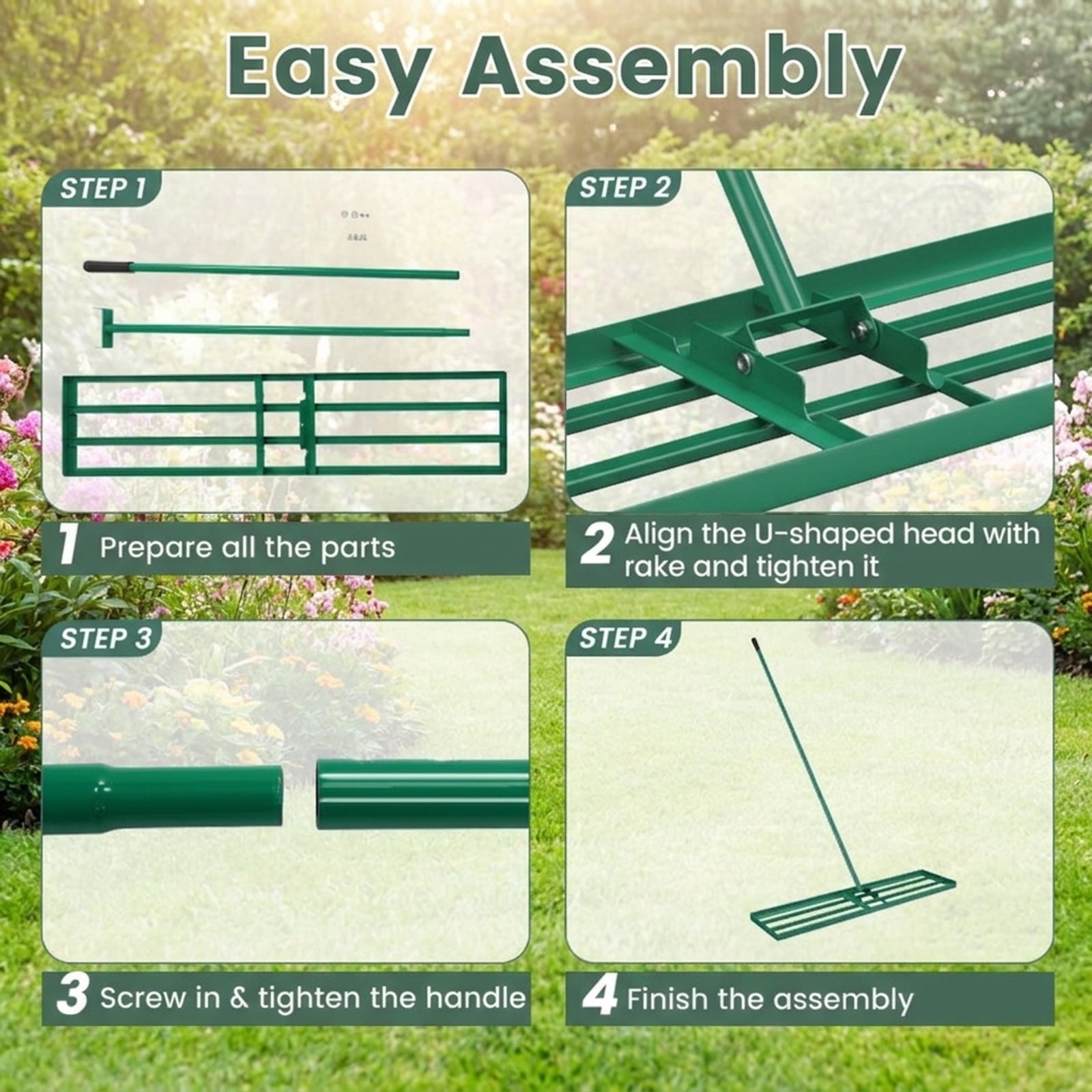 Biotree 42 x 10 Inch Lawn Leveling Rake with Ergonomic Handle for Lawn Garden Yard Soil Care, Green