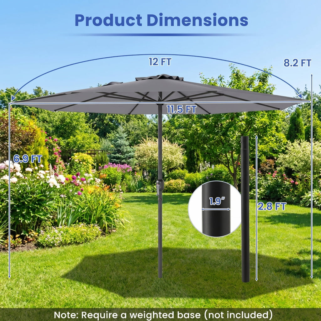 Biotree 12 ft Market Patio Umbrella with Crank and Tilt, 8 Sturdy Ribs, Vented Canopy - Gray for Backyard