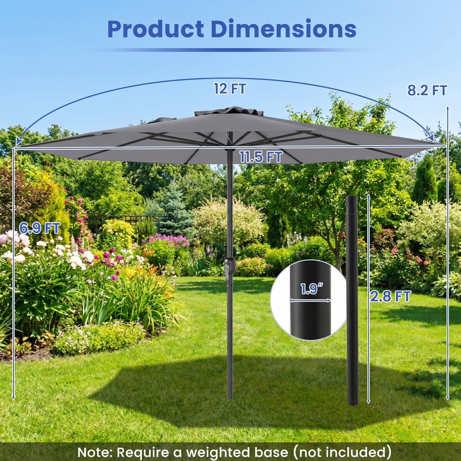 Biotree 12 ft Market Patio Umbrella with Crank and Tilt, 8 Sturdy Ribs, Vented Canopy - Gray for Backyard
