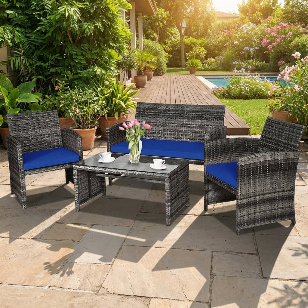 Biotree 4-Piece Patio Rattan Furniture Set with Glass Table-Navy