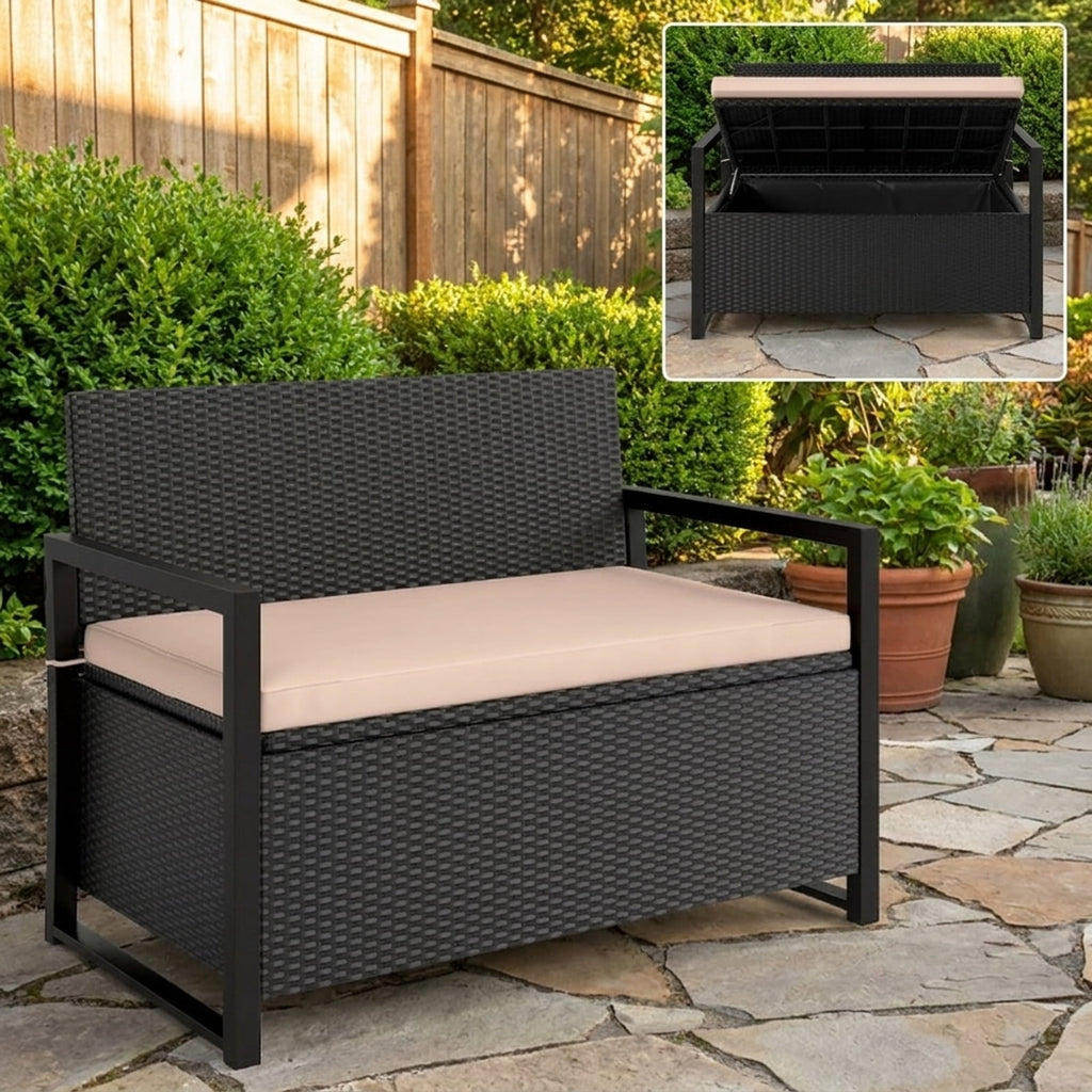 Biotree Patio Storage Bench Outdoor Wicker Loveseat with Built-in 40-Gallon Weatherproof Storage and Cushion , Brown