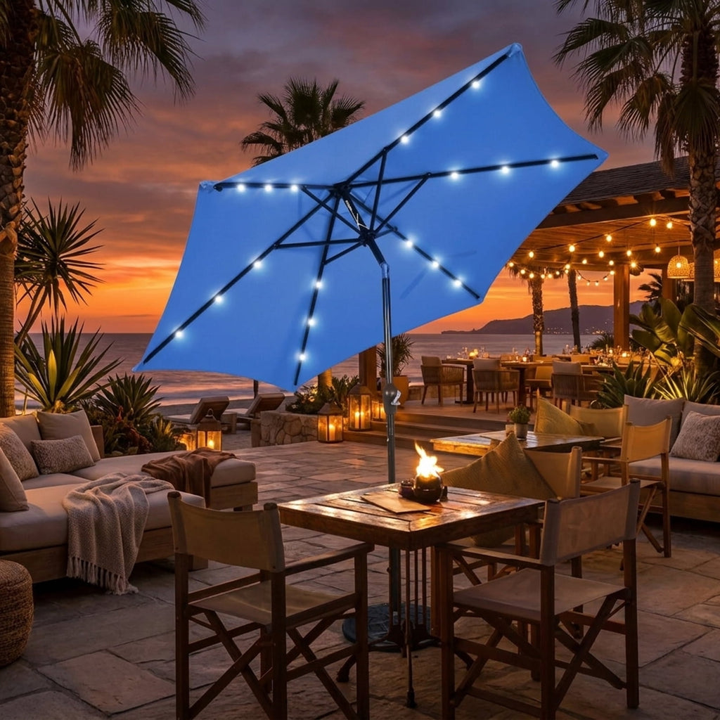Biotree 9 ft Solar LED Market Patio Umbrella with Crank and Tilt, 6 Sturdy Ribs, Vented Canopy - Navy Blue