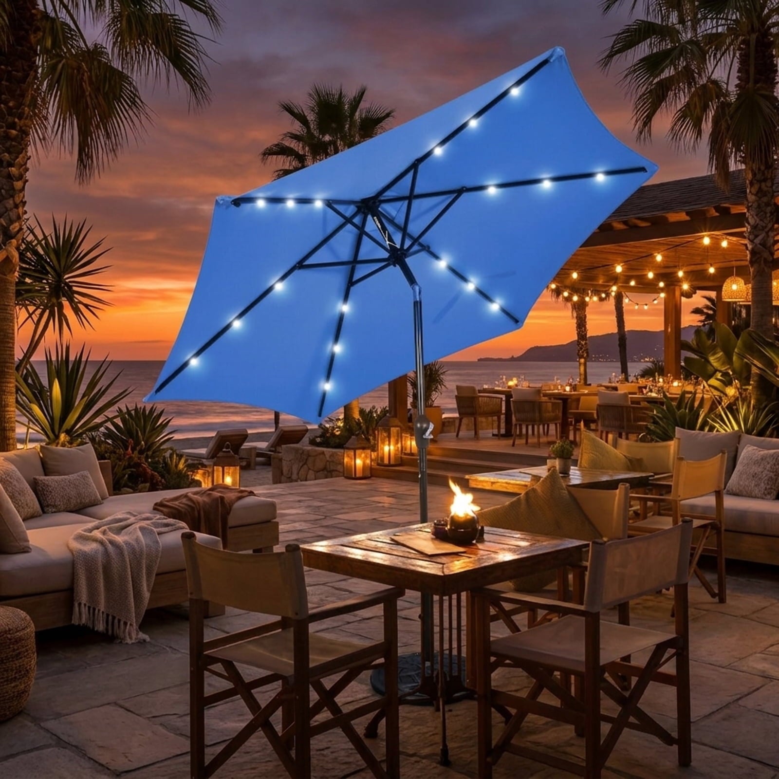 Biotree 9 ft Solar LED Market Patio Umbrella with Crank and Tilt, 6 Sturdy Ribs, Vented Canopy - Navy Blue