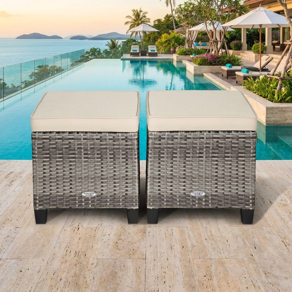 Biotree 2 Pieces Patio Rattan Ottoman Seat with Removable Cushions Stackable Patio Chair for Garden BackyardBeige