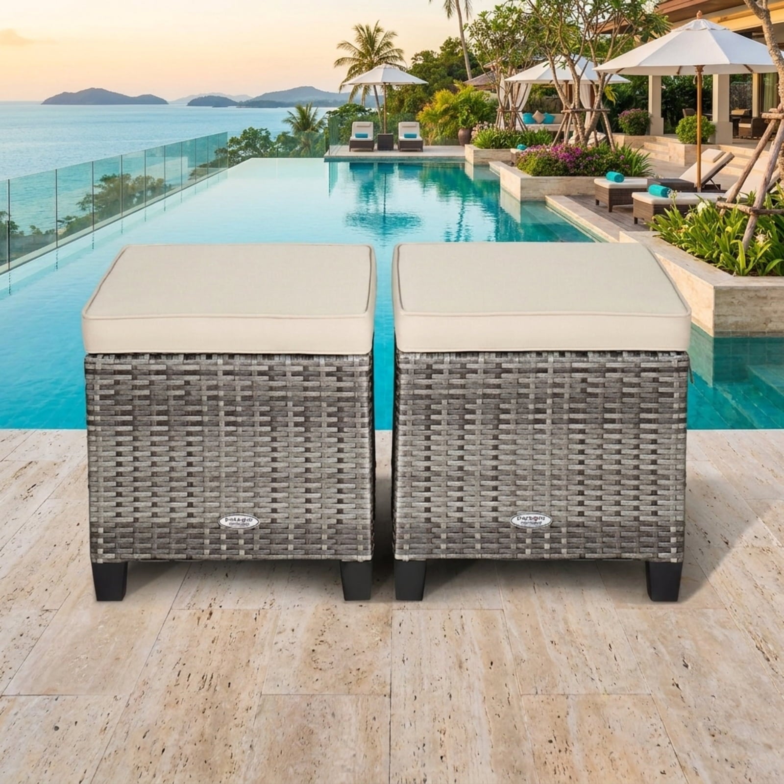 Biotree 2 Pieces Patio Rattan Ottoman Seat with Removable Cushions Stackable Patio Chair for Garden BackyardBeige