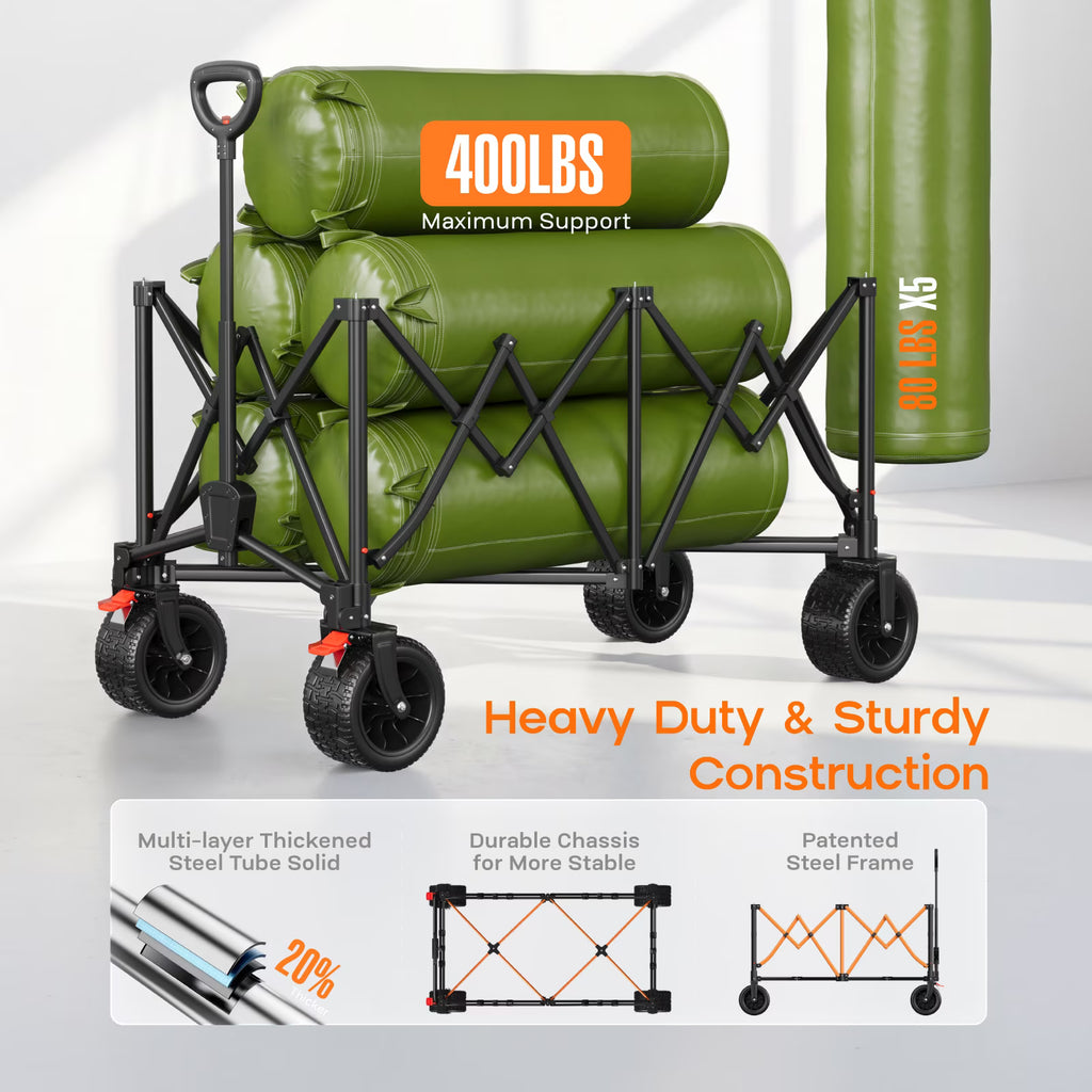 Biotree Collapsible Wagon Cart with Brakes, 300L 600Lbs Heavy Duty Folding Beach Wagon,All Terrain Utility Wagon for Camping Sports Garden Grocery, Black