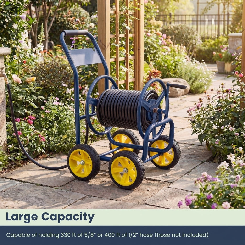 Biotree Garden Hose Reel Cart 4 Wheels Heavy-Duty Metal Water Hose Organizer Portable for Garden Yard Lawn Watering Outdoor, Blue