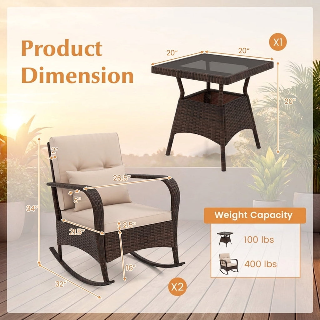 Biotree 3 Piece Outdoor Rocking Set with Tempered Glass Coffee Table for Backyard Poolside Outdoor Conversation Set for Garden Backyard PorchBrown