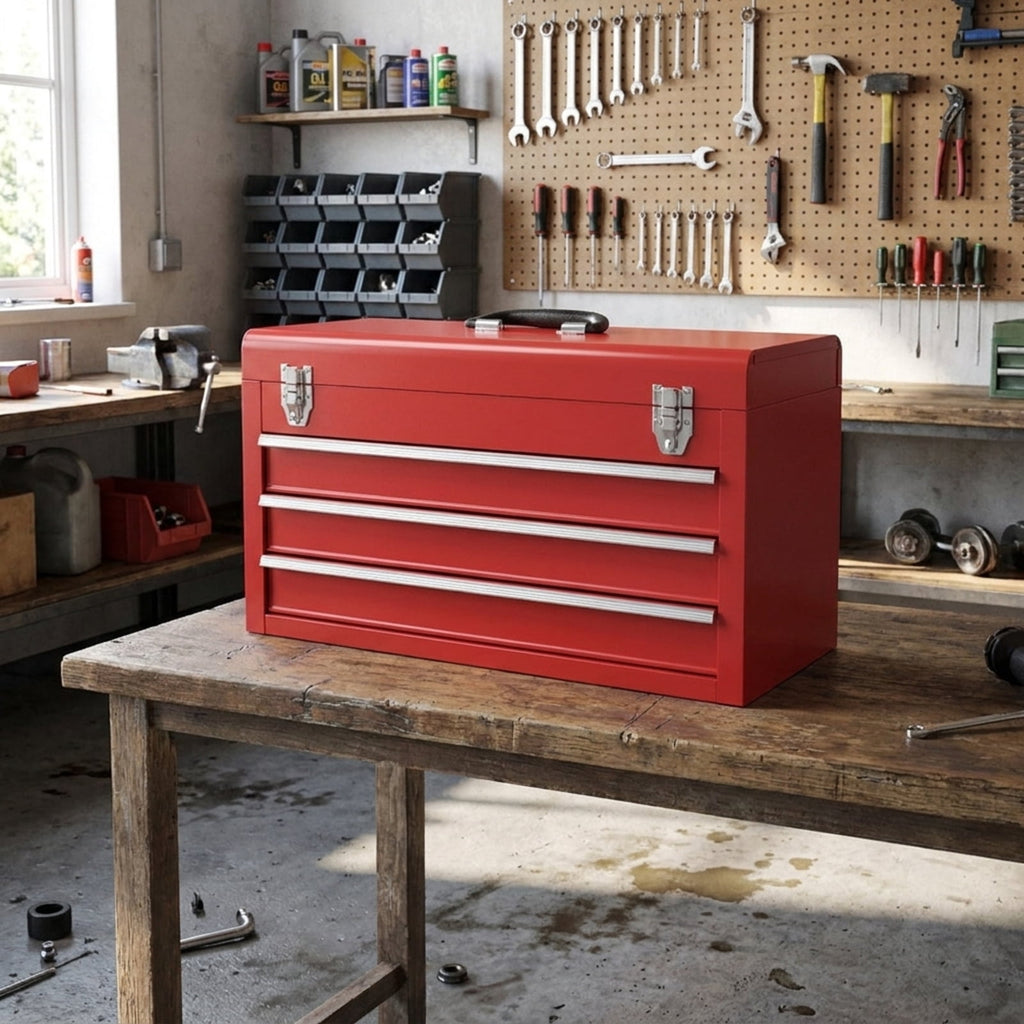 Biotree Portable Garage Mechanic Tool Cabinet Box with 3 Drawers Outdoor Waterproof for Patio Deck Garden Cushions, Red