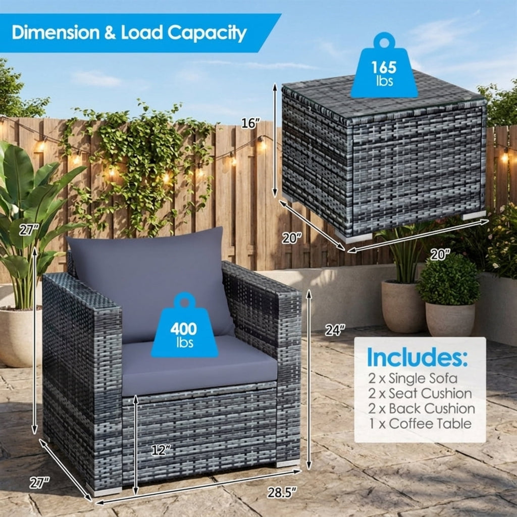 Biotree 3 Pcs Patio Rattan Furniture Bistro Sofa Set with Cushioned Outdoor Conversation Set for Garden Backyard PorchGray