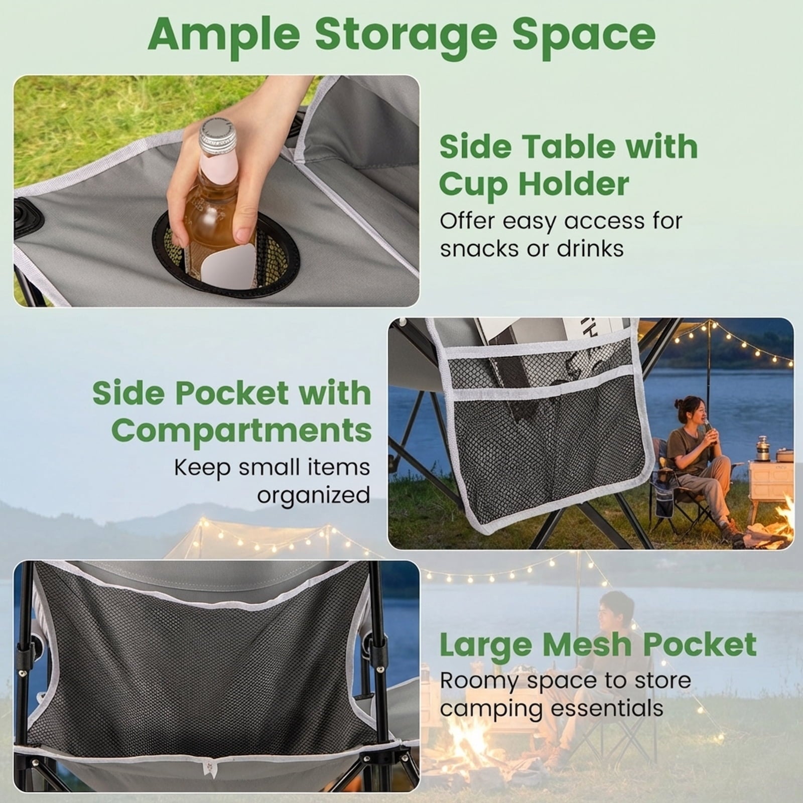 Biotree Heavy Duty Oversized Folding Camping Chair with Side Table and Storage Pockets Portable Outdoor Chair for Adults, Gray