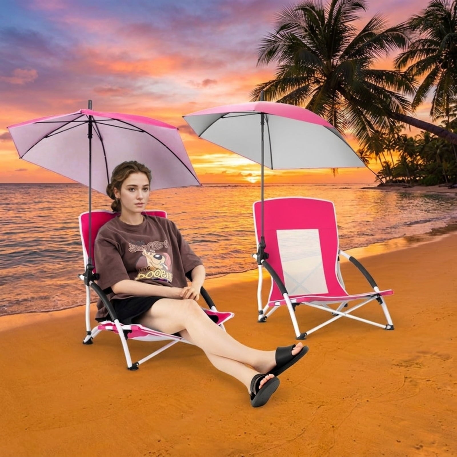 Biotree 2 Pack Beach Umbrella Chair for Adults with Adjustable Parasol Stackable Patio Chair for Garden BackyardPink