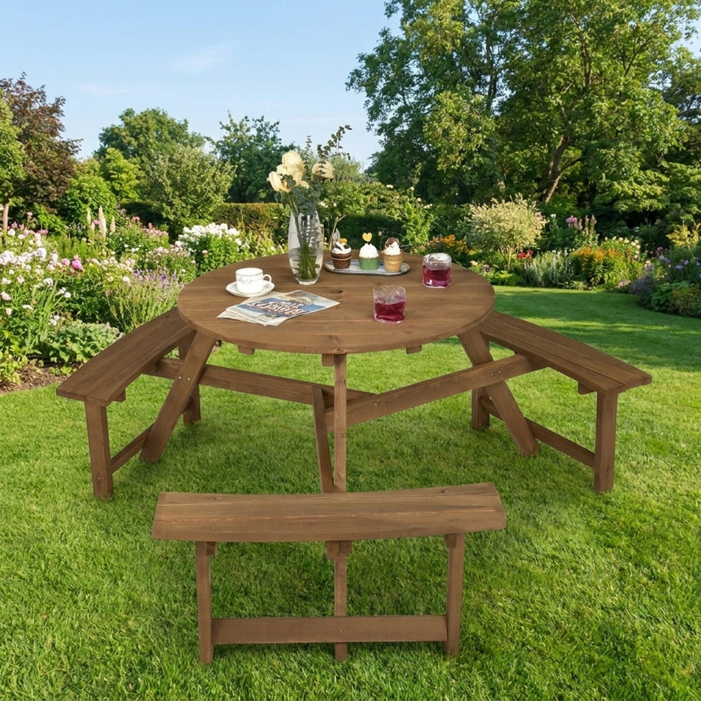 Biotree 65-Inch 6-person Round Wooden Picnic Table with Umbrella Hole and 3 Built-in Benches, Tan