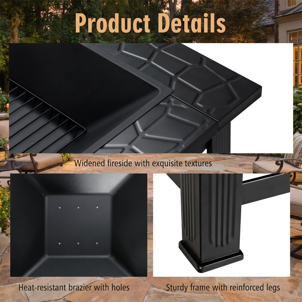 Biotree 32 Inch 3 in 1 Outdoor Square Fire Pit Table with BBQ Grill and Rain Cover for Camping for Outdoor Patio Backyard Garden Camping, Black