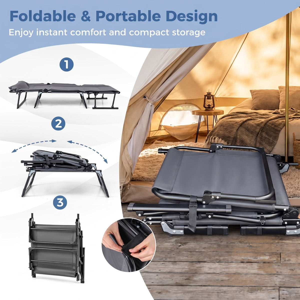 Biotree Folding Camping Cot with Mattress 3 in 1 Convertible Single Sofa and Outdoor Chaise Lounge Chair Sleeper for Backyard and Patio, Gray
