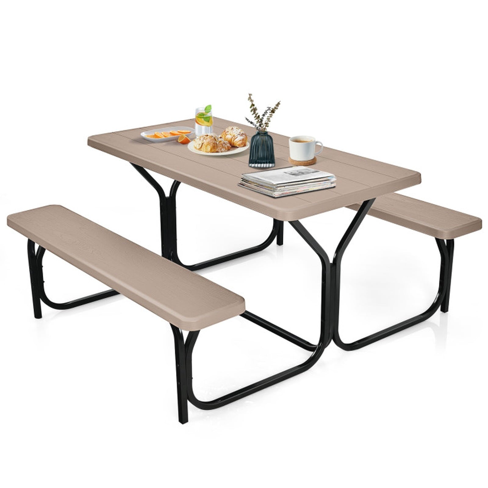 Biotree HDPE Outdoor Picnic Table Bench Set with Metal Base, Coffee
