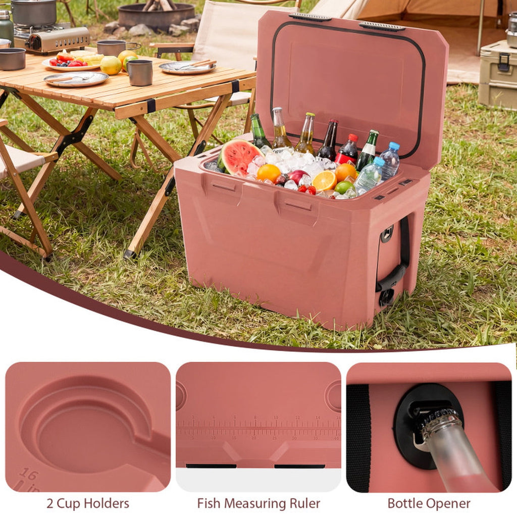 Biotree Insulated Portable Cooler Hard Shell Ice Chest with 2 Cup Holders Bottle Opener and Drain Plug, 37 Qt, Pink