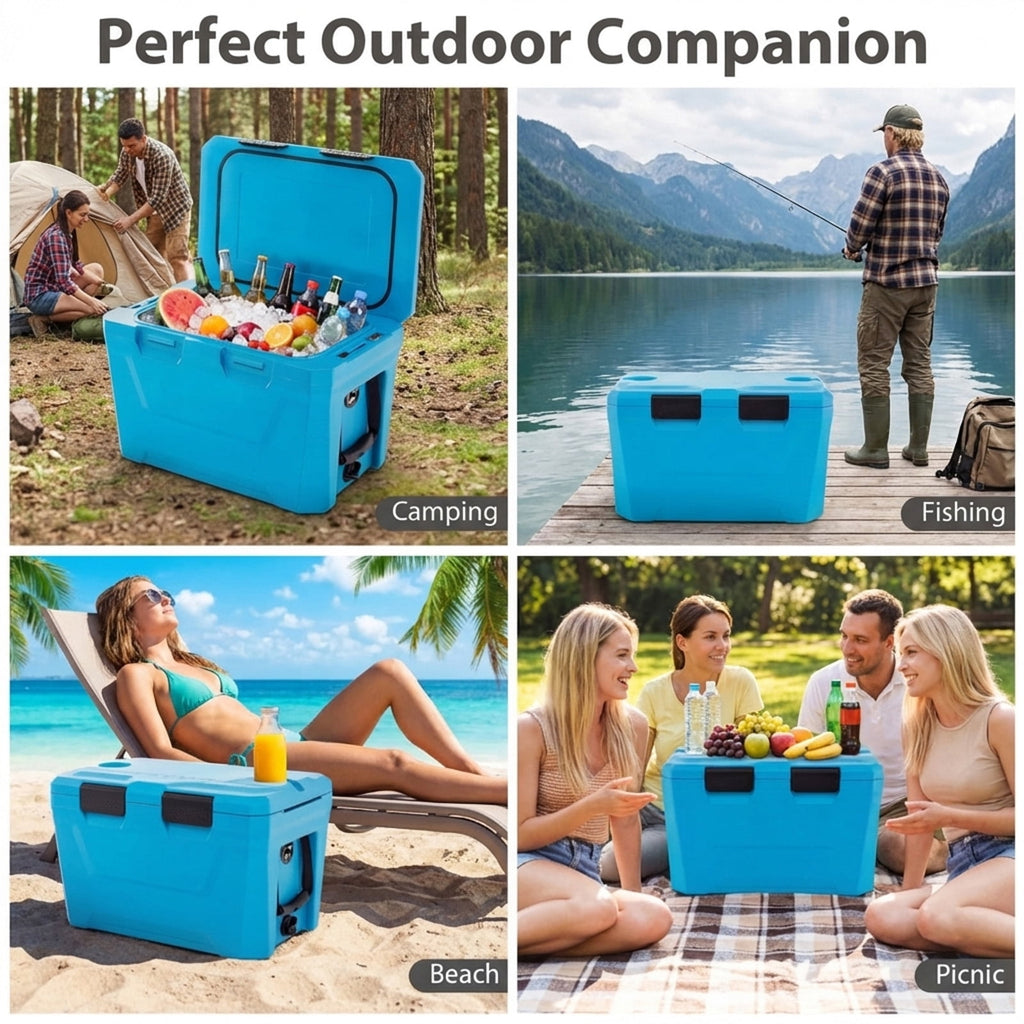 Biotree Insulated Portable Cooler Hard Shell Ice Chest with 2 Cup Holders Bottle Opener and Drain Plug, 37 Qt, Blue