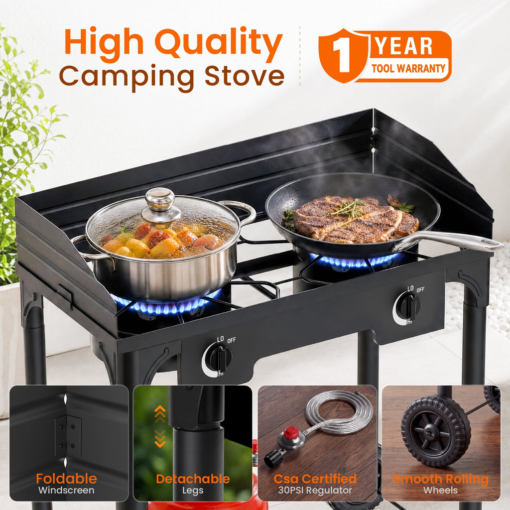 Biotree 2 Burner Outdoor Propane Gas Stove with 2 Wheels Wind Panel, 15,0000 BTU Camping Stove with Adjustable PSI Regulator and 4ft Hose With Removable Legs for Cooking BBQ Home