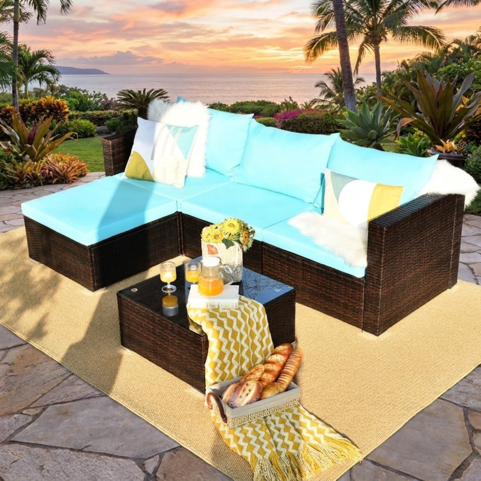 Biotree 5 Pieces Patio Rattan Furniture Set with Coffee Table Outdoor Conversation Set for Garden Backyard PorchTurquoise