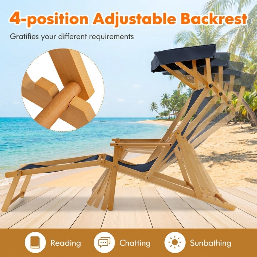 Biotree Birch Wood Chaise Lounge Chair Foldable Beach Chair with Adjustable Canopy Stackable Patio Chair for Garden BackyardNavy