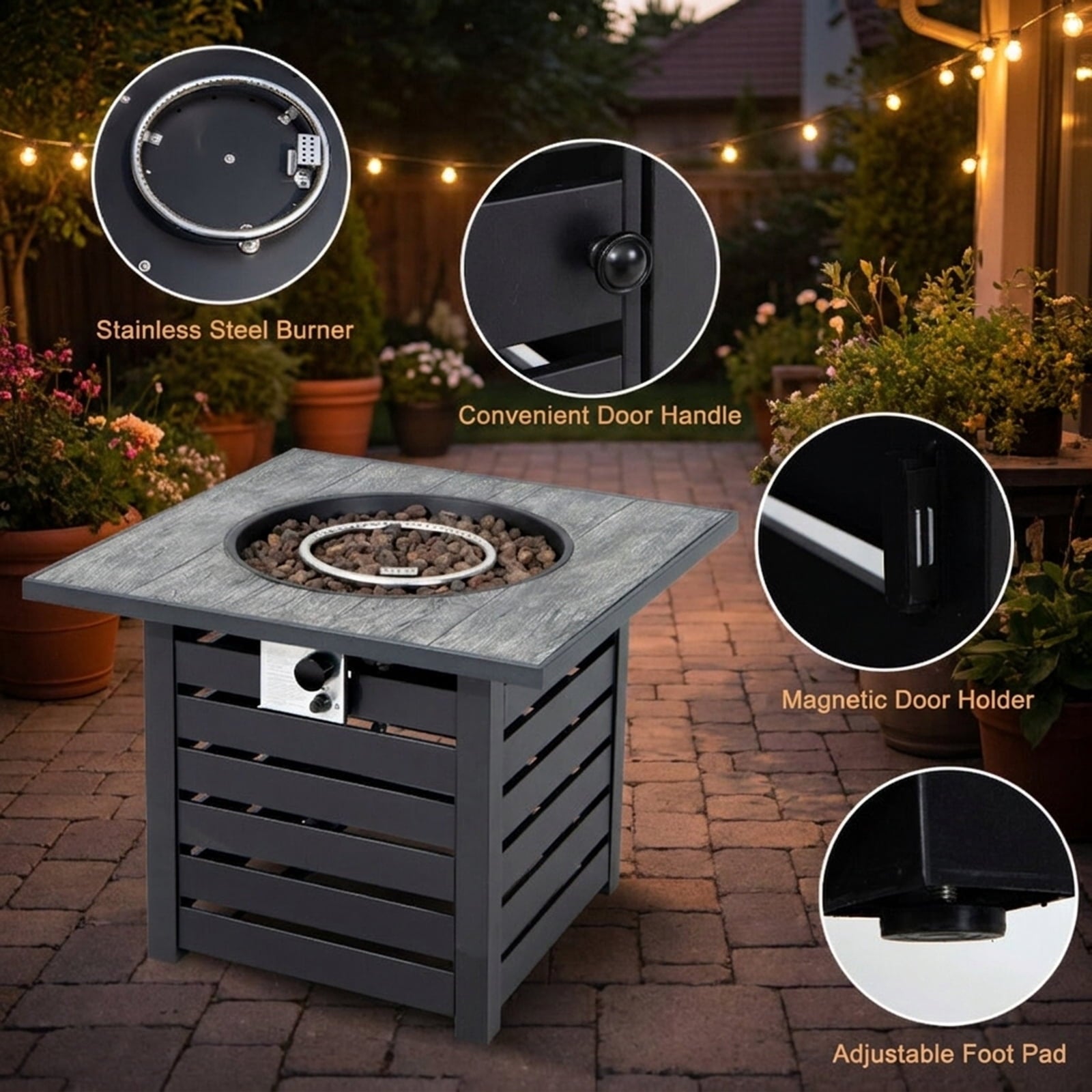 Biotree Square Propane Fire Pit Table with Lava Rocks and Rain Cover for Outdoor Patio Backyard Garden Camping, Black