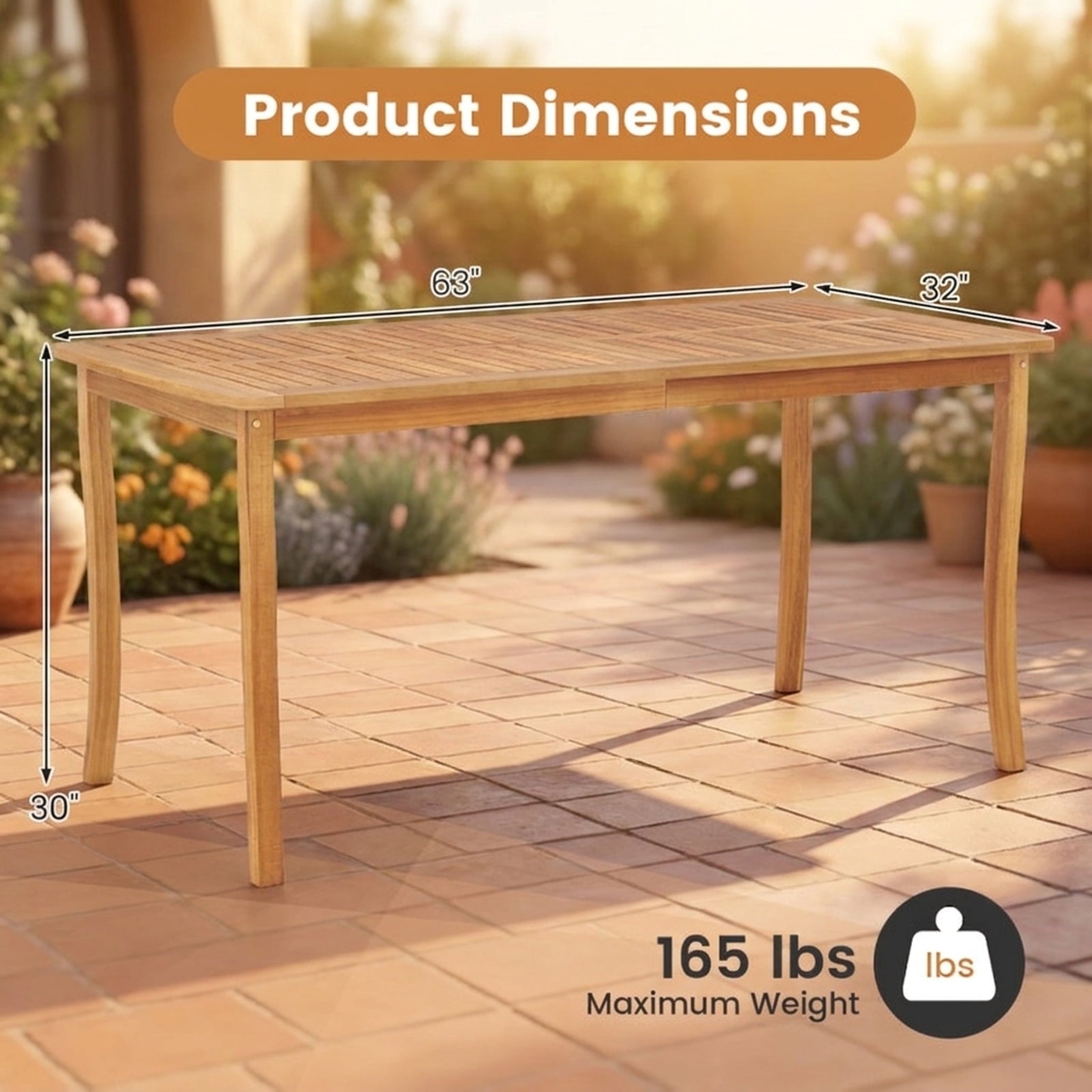 Biotree 63 inch Outdoor Dining Table with Umbrella Hole Farmhouse Bistro Dinette Furniture, Natural