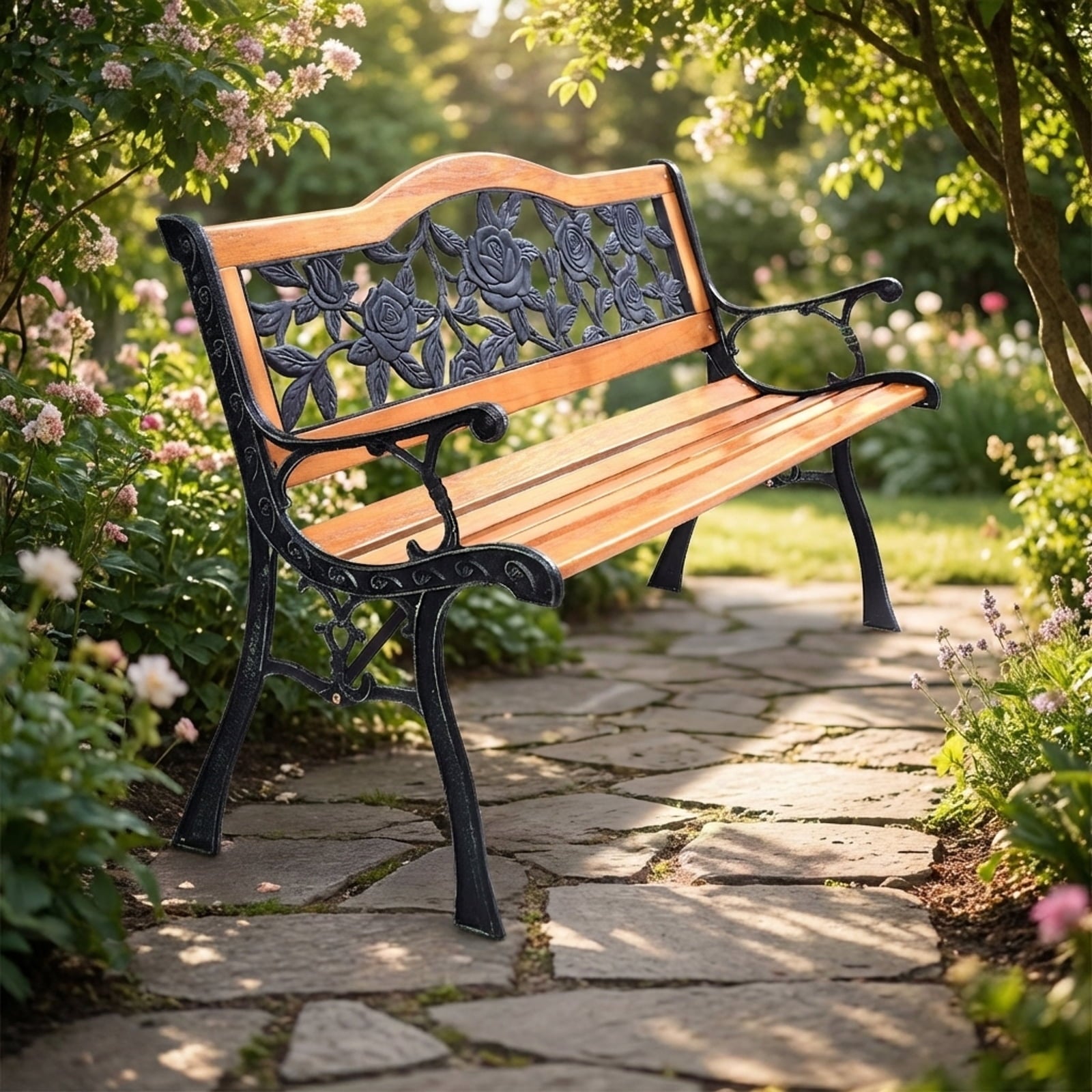 Biotree Outdoor Wooden Garden Bench with Iron Armrest 49.5 In