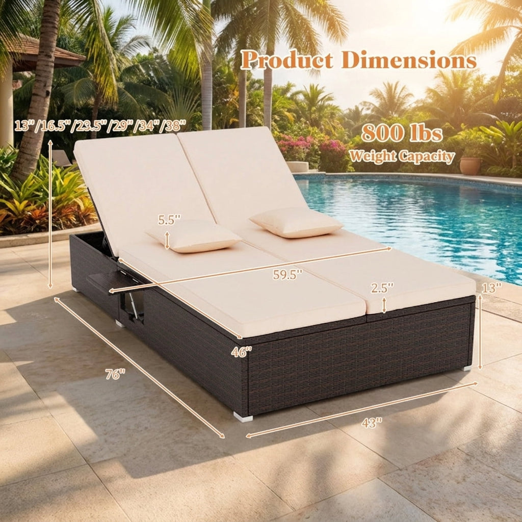 Biotree Patio Double Chaise Lounge with Cushions and Folding Side Trays Stackable Patio Chair for Garden BackyardBeige