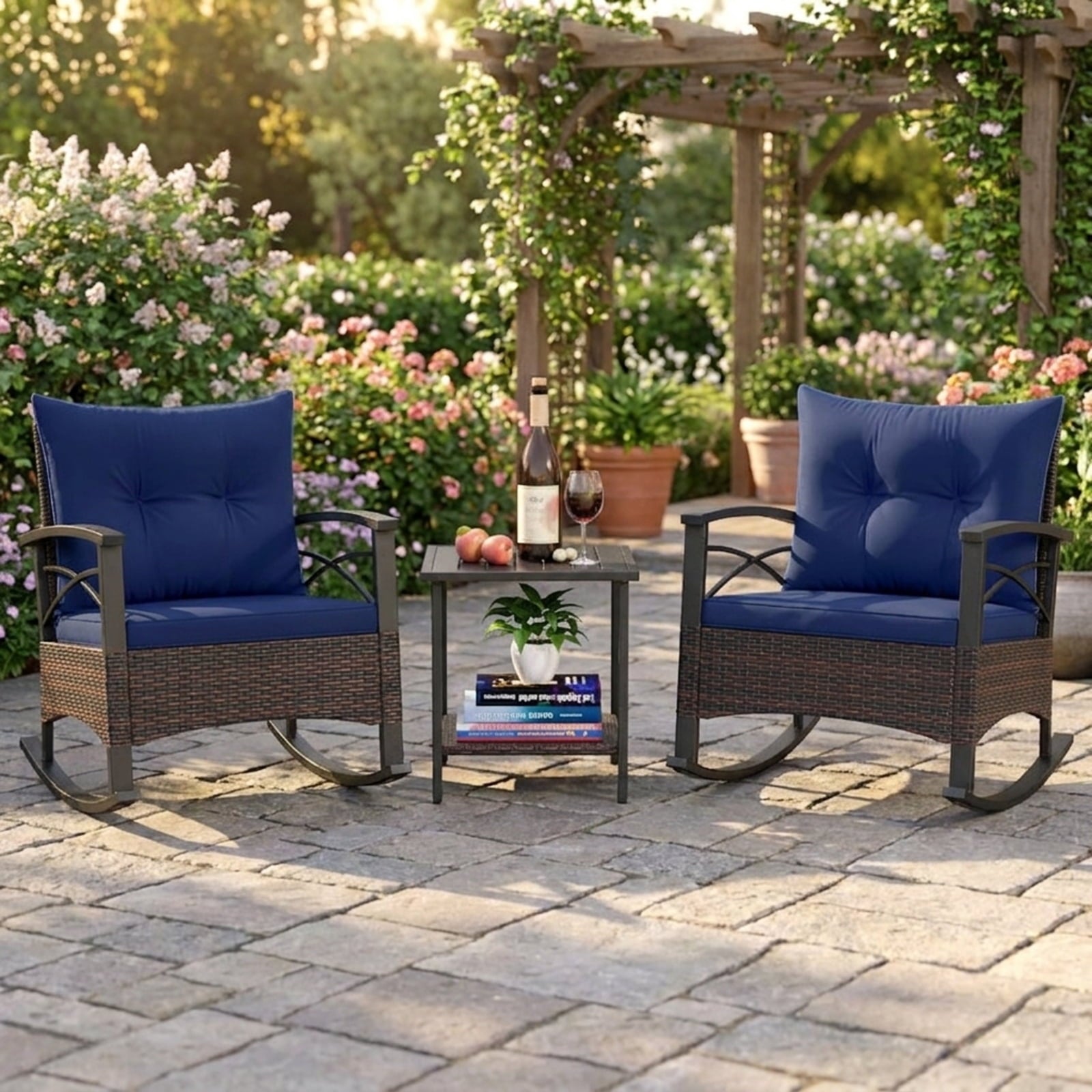 Biotree 3 Piece Rocking Bistro Set PE Rattan Rocker Chairs with Acacia Wood Top Table Outdoor Conversation Set for Garden Backyard PorchNavy