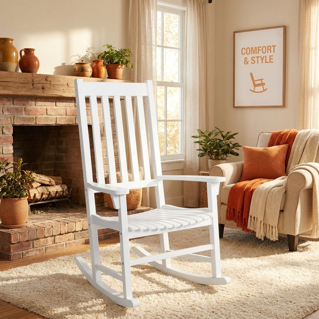 Biotree Indoor Outdoor Wooden High Back Rocking Chair Stackable Patio Chair for Garden BackyardWhite
