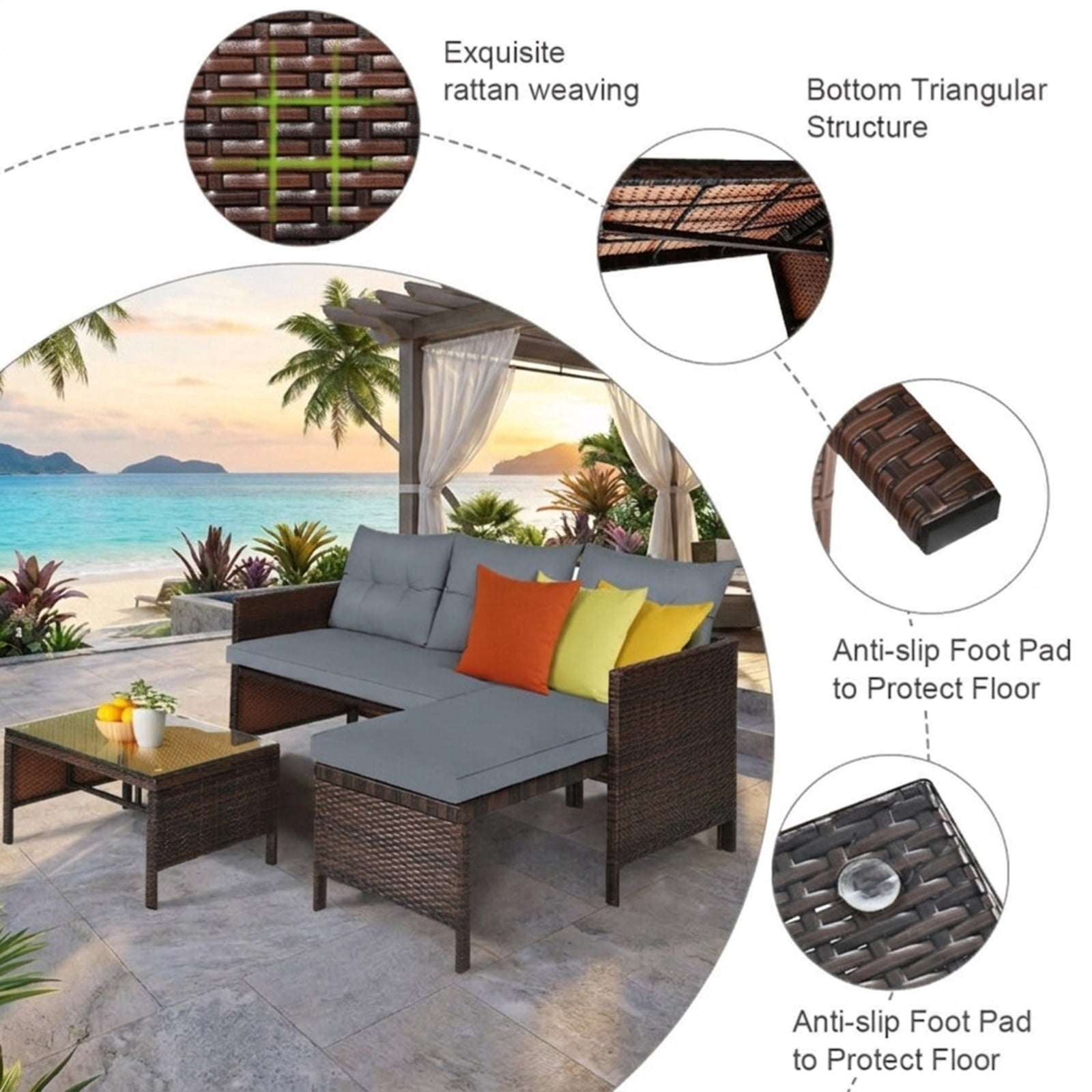 Biotree 3 Pieces Patio Wicker Rattan Sofa Set Outdoor Conversation Set for Garden Backyard PorchGray