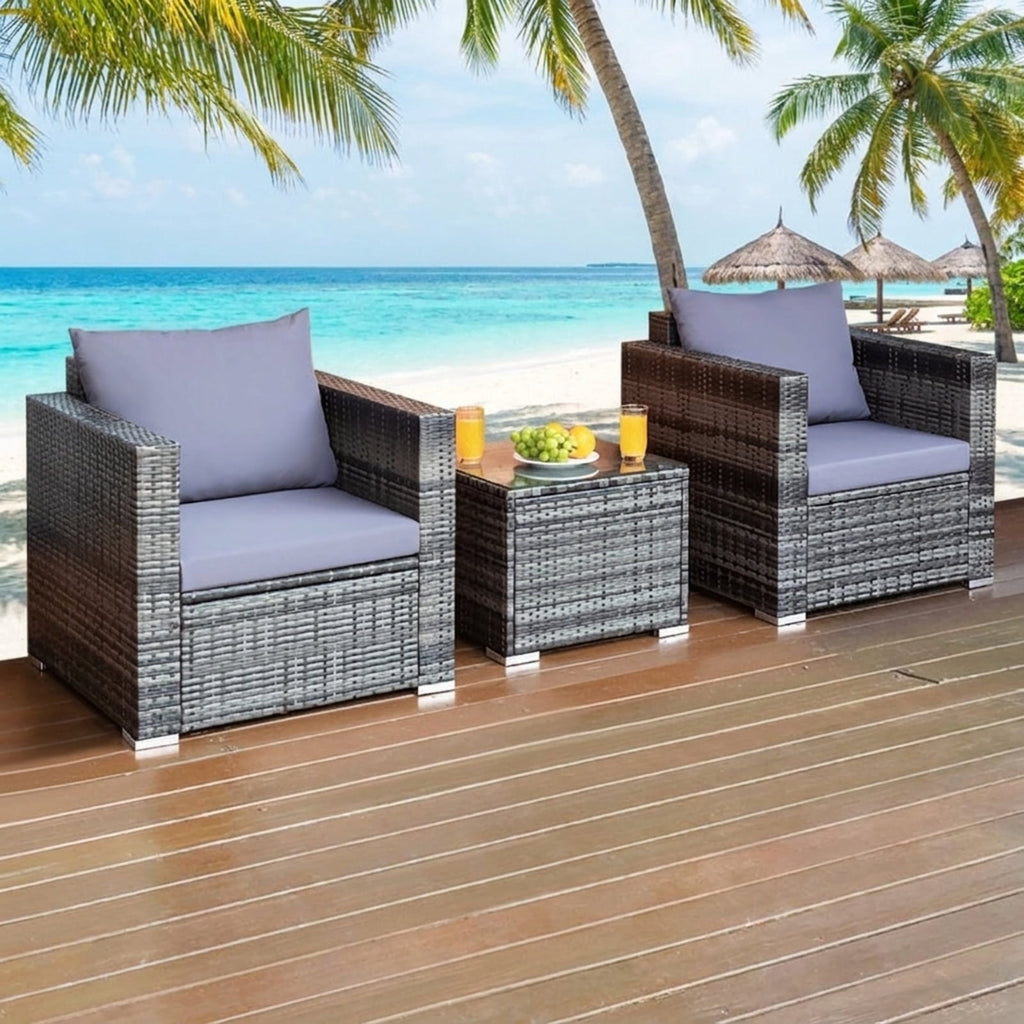 Biotree 3 Pcs Patio Rattan Furniture Bistro Sofa Set with Cushioned Outdoor Conversation Set for Garden Backyard PorchGray