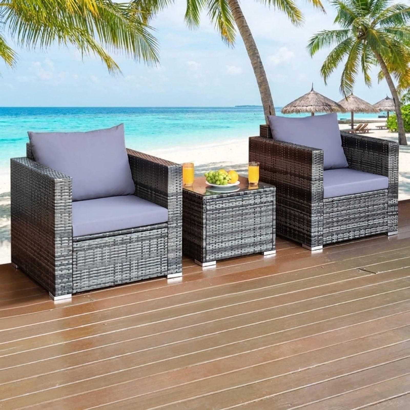 Biotree 3 Pcs Patio Rattan Furniture Bistro Sofa Set with Cushioned Outdoor Conversation Set for Garden Backyard PorchGray
