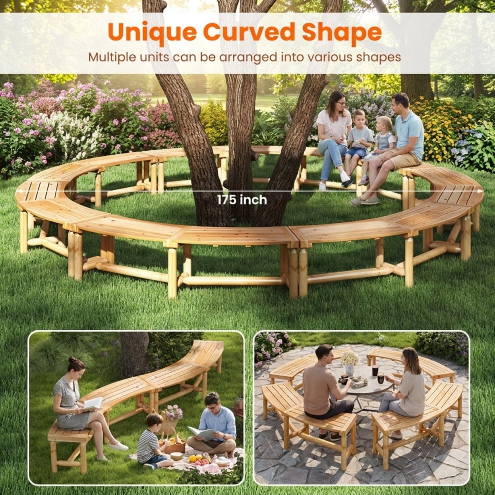 Biotree Patio Curved Bench Solid Wood Fire Pit Bench Outdoor Backless Loveseat Stackable Patio Chair for Garden BackyardNatural