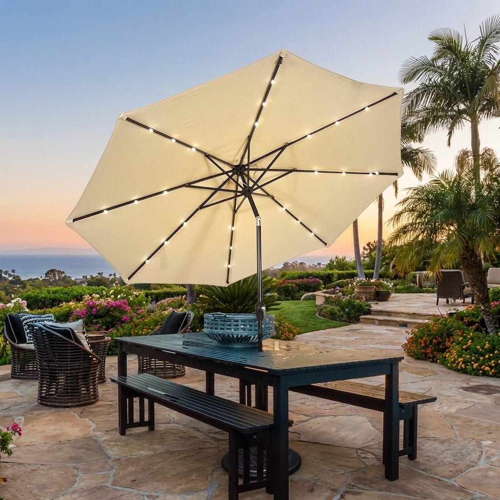 Biotree 10 Solar LED Lighted Patio Market Umbrella Shade Tilt Adjustment Crank-Beige Outdoor Backyard