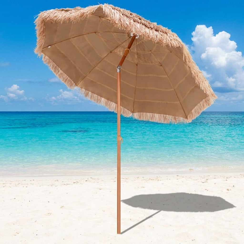 Biotree 7 ft Thatched Tiki Patio Umbrella Crank Tilt Outdoor Shade - Natural - UV Protection with Cross Base